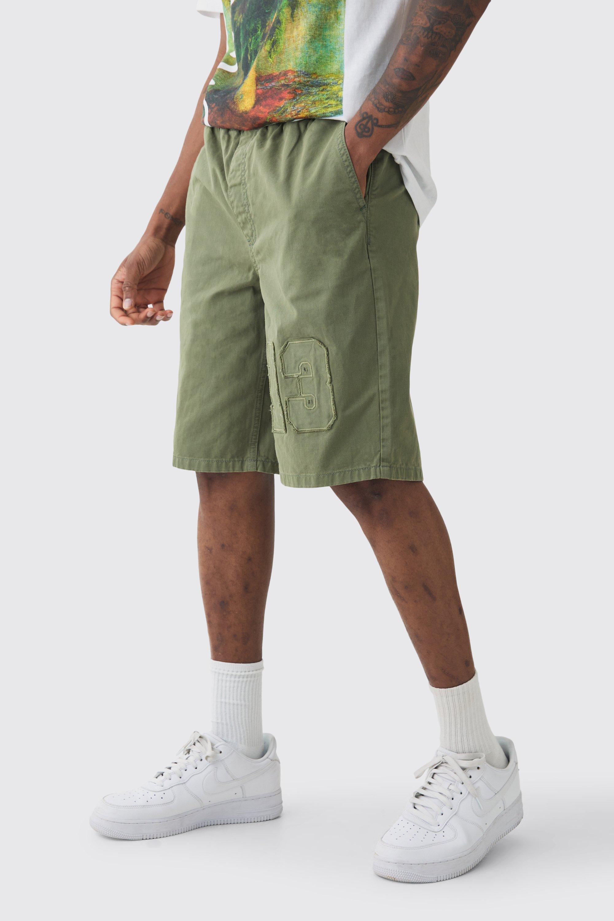 Mens Green Tall Elasticated Waist Applique Short Length Relaxed Shorts, Green Product Image