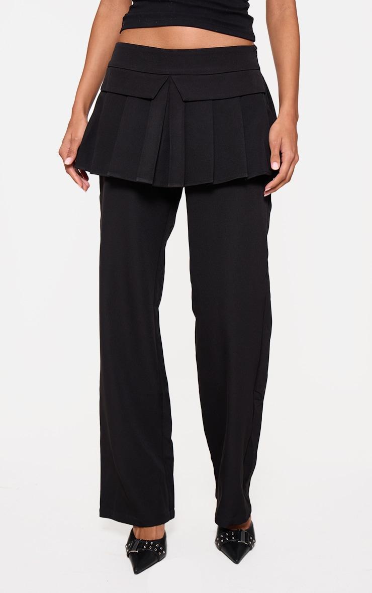 Black Pleated Skirt Overlay Detail Tailored Trousers Product Image