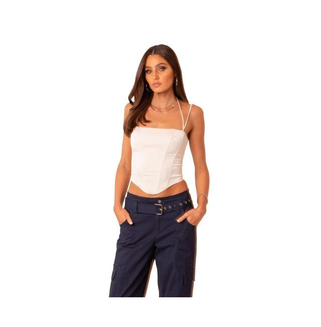 EDIKTED Nara Lace-Up Satin Corset Top in Cream at Nordstrom, Size Small Product Image