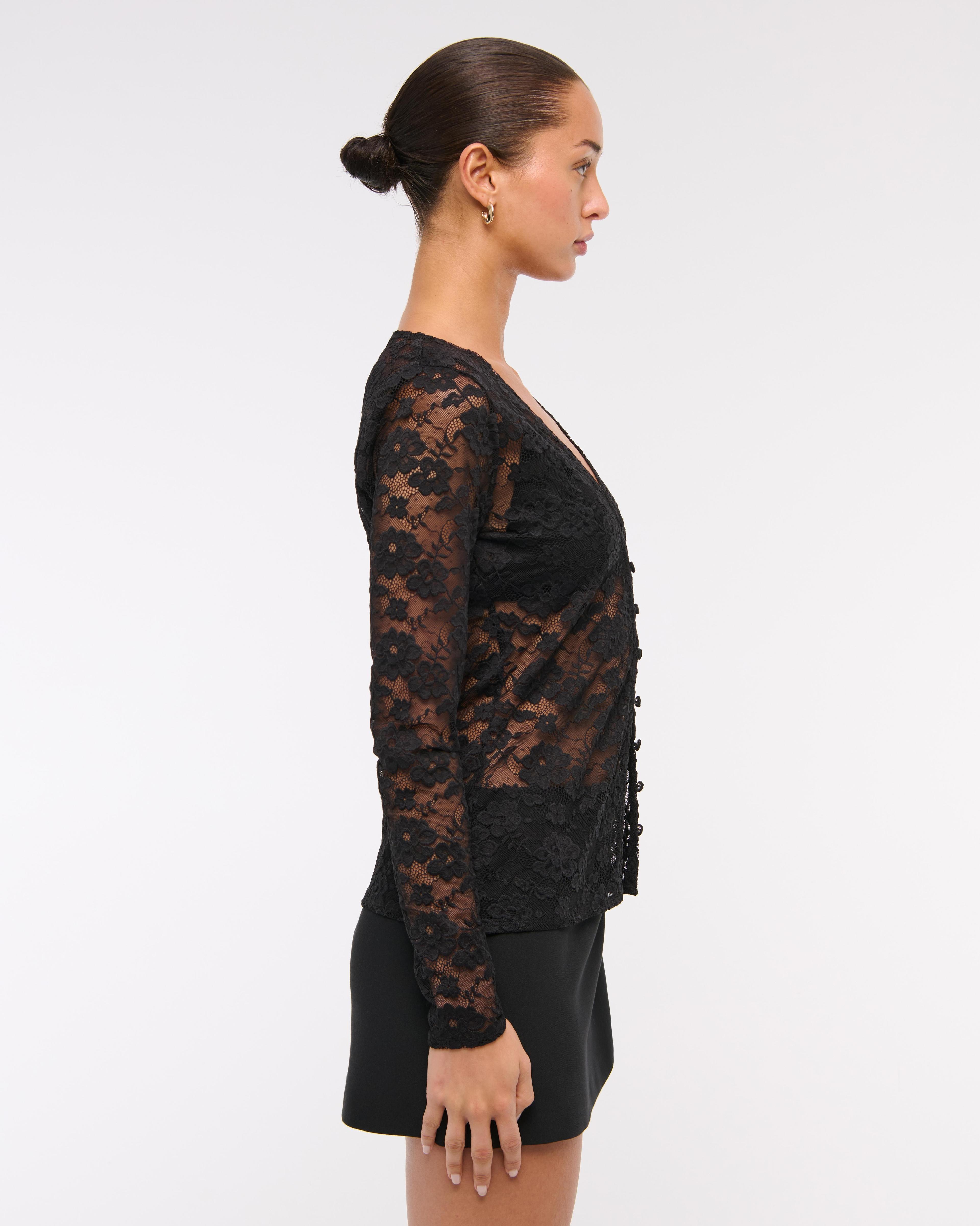 Long-Sleeve Lace Button-Through Top Product Image