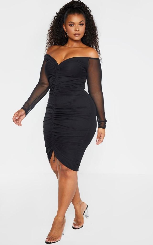 Plus Black Mesh Ruched Bardot Midi Dress Product Image