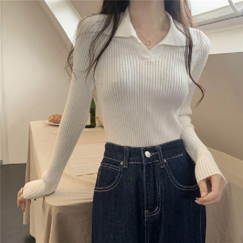 Open Placket Plain Ribbed Polo Sweater Product Image