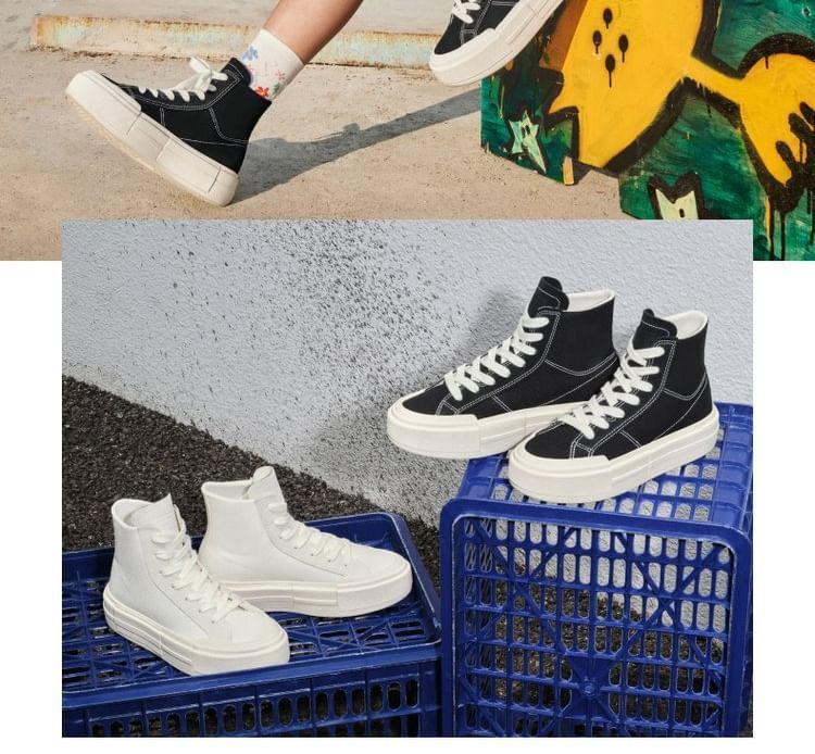 Couple Matching Platform Plain Lace-Up High Top Canvas Sneakers Product Image