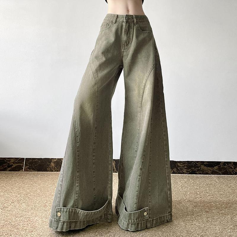 Low Waist Wide Leg Jeans With Seams Washed Print Product Image