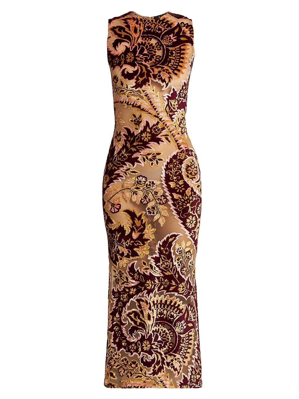 Womens Floral Velvet Mesh Sleeveless Midi-Dress Product Image