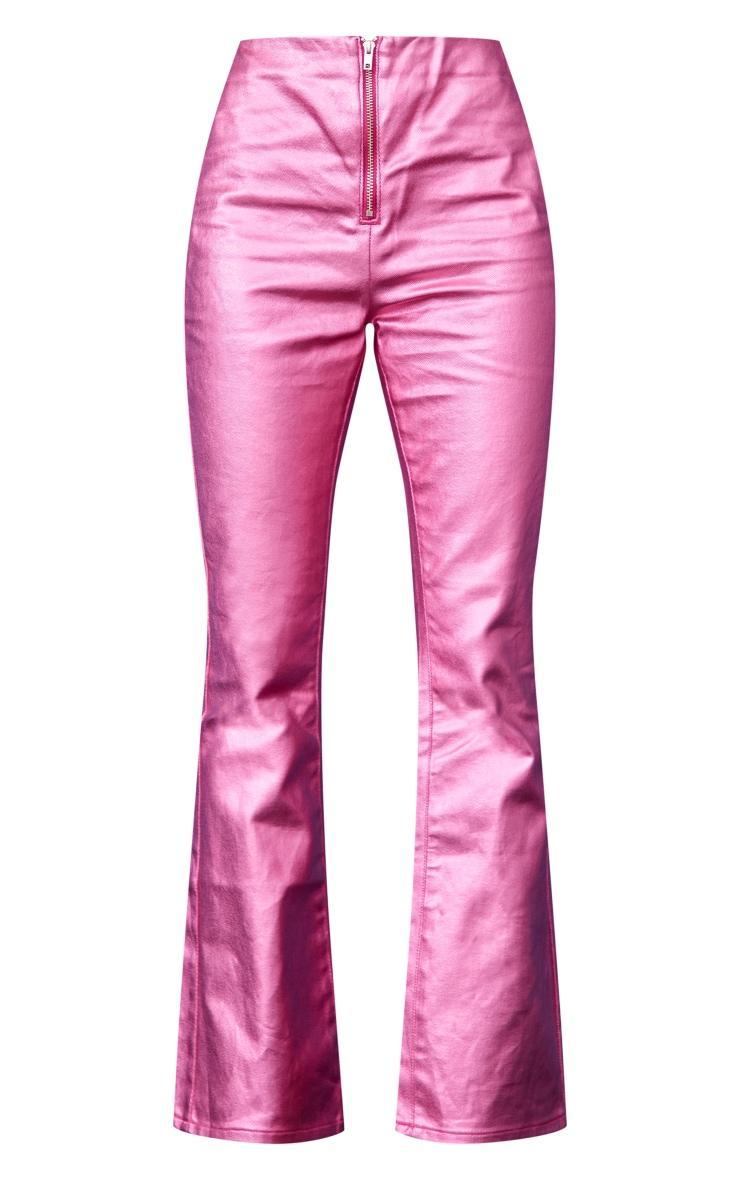 Bright Pink Metallic Look Coated Denim Flare Jeans Product Image