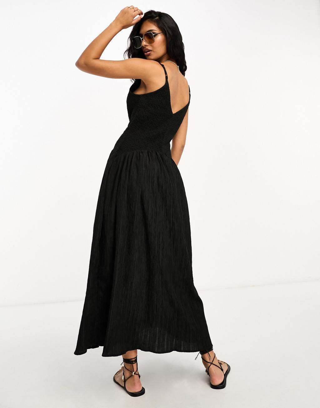 ASOS DESIGN full skirt midi crinkle sundress in black Product Image