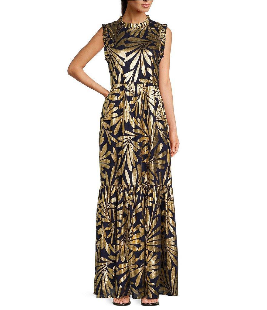 Jude Connally Constance Cotton Voile Ruffle Trim Mock Neck Sleeveless Metallic Shift Maxi Dress Product Image