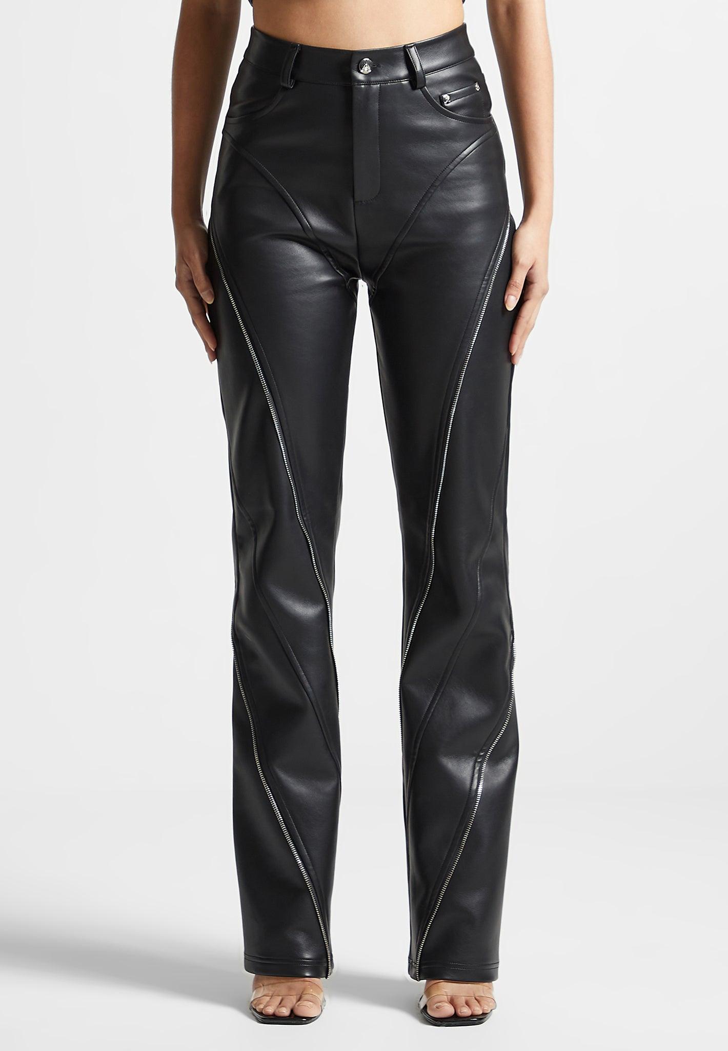 Vegan Leather Biker Trousers with Zip - Black Female Product Image