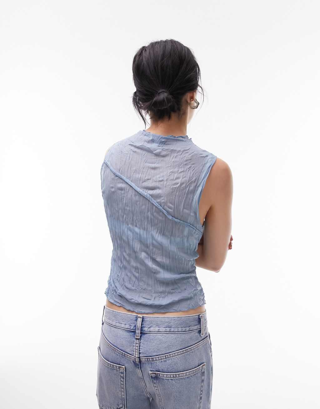 Topshop crinkle tank top in blue Product Image