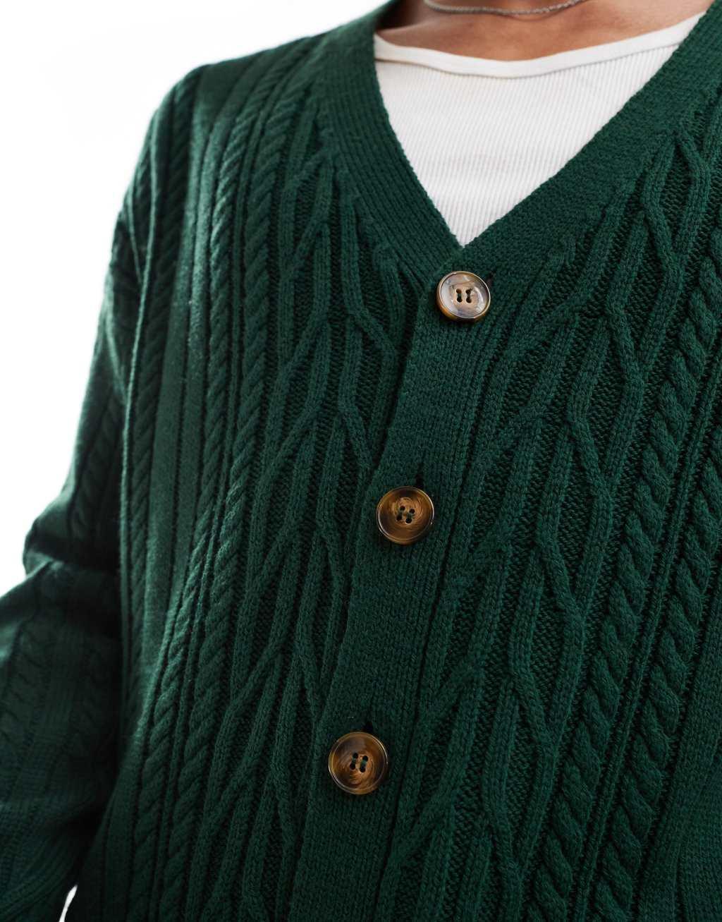 ASOS DESIGN relaxed boxy cable knit cardigan in dark green with cream tipping Product Image