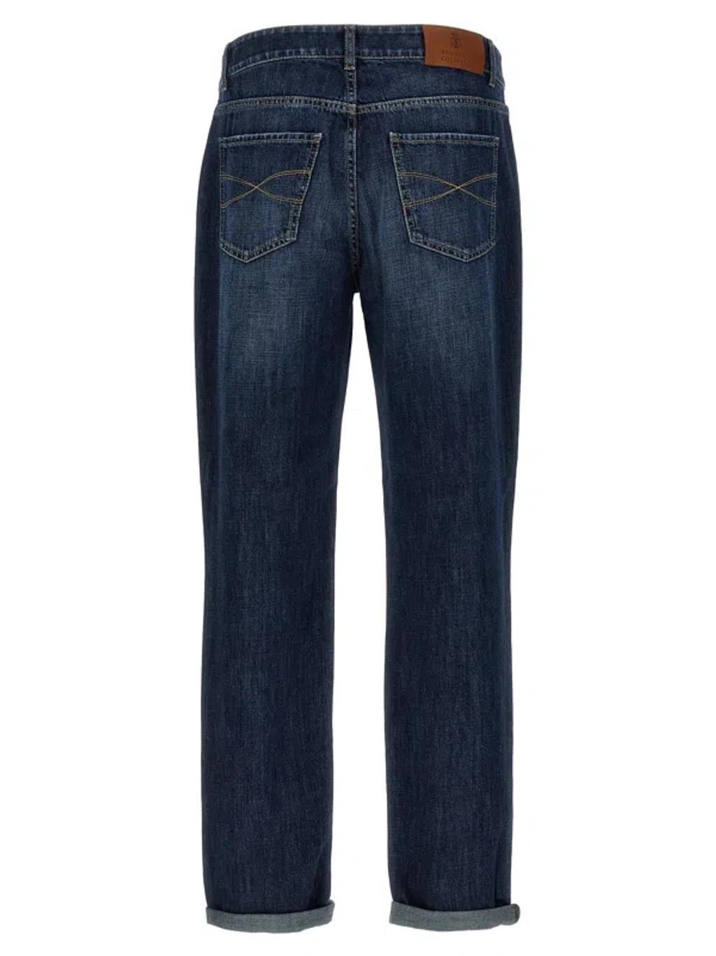 BRUNELLO CUCINELLI Blue Logo Embroidery Jeans Product Image