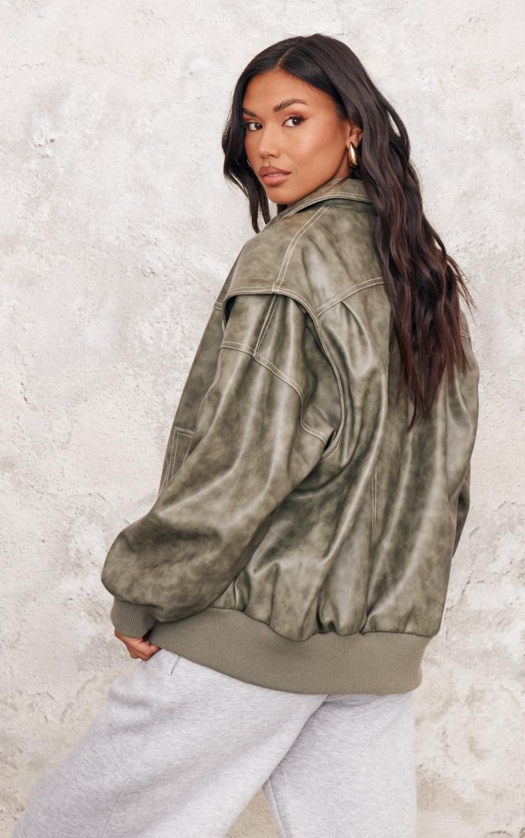 Washed Green Distressed Faux Leather Oversized Longline Bomber Jacket Product Image