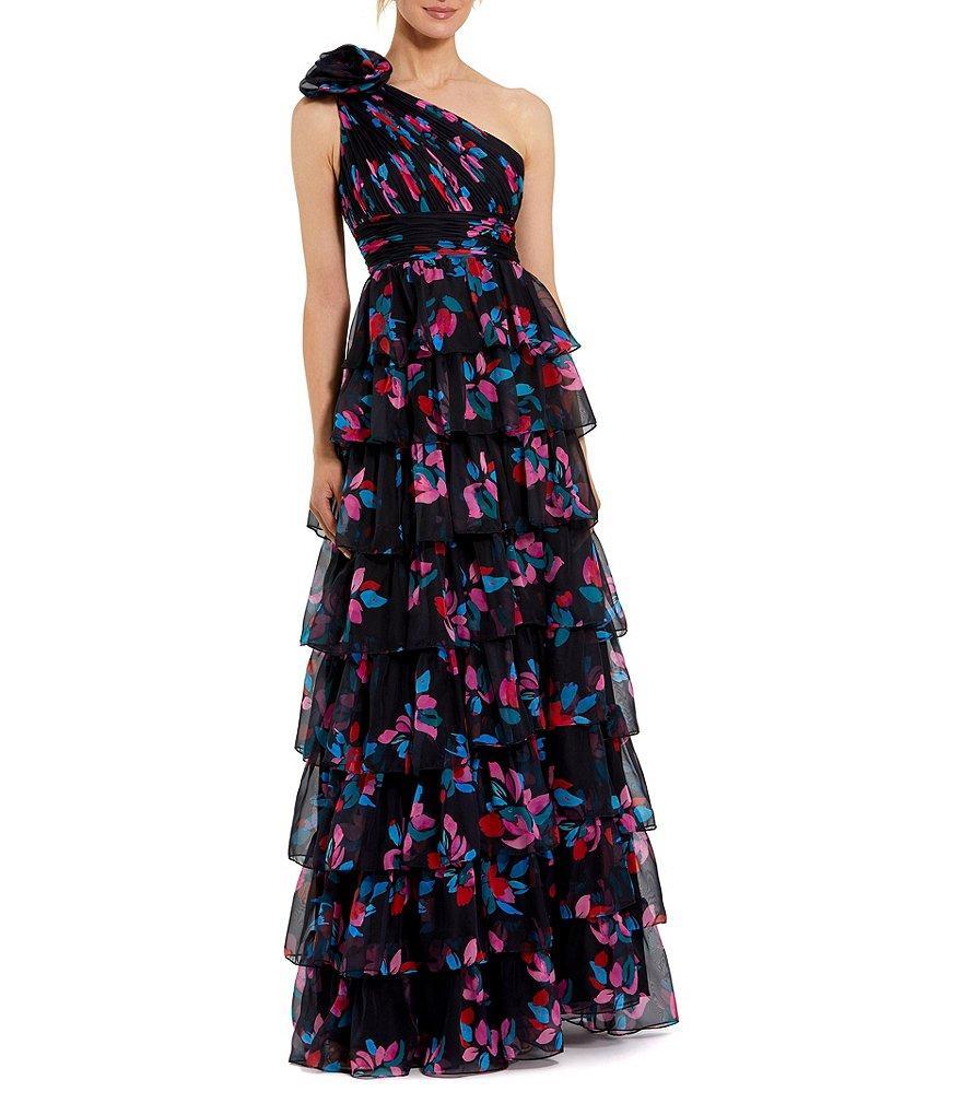 Mac Duggal Printed Chiffon One Shoulder Sleeveless Ruffle Tiered A-Line Gown Product Image