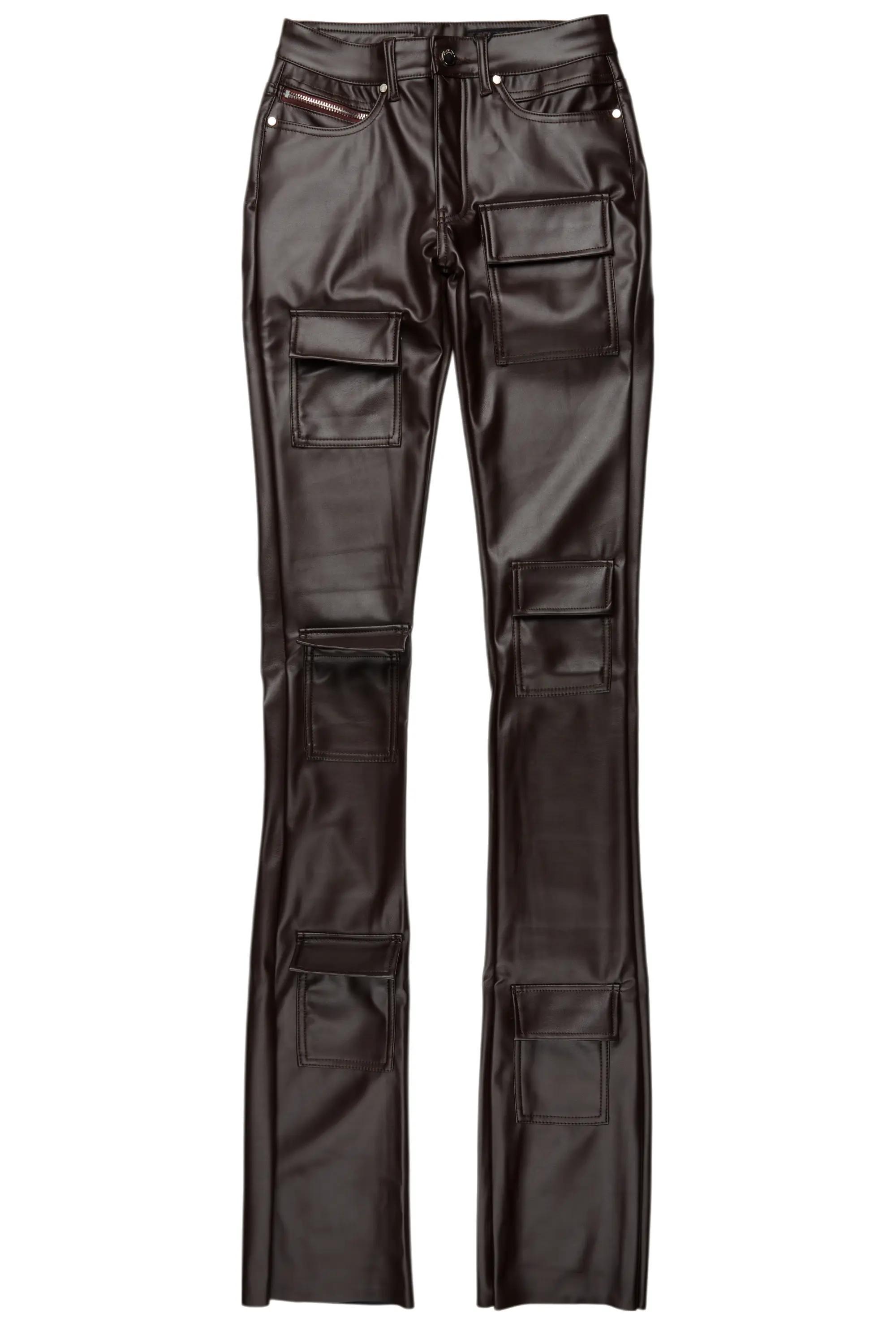 Petrus Brown PU Stacked Flare Leather Jean Male Product Image