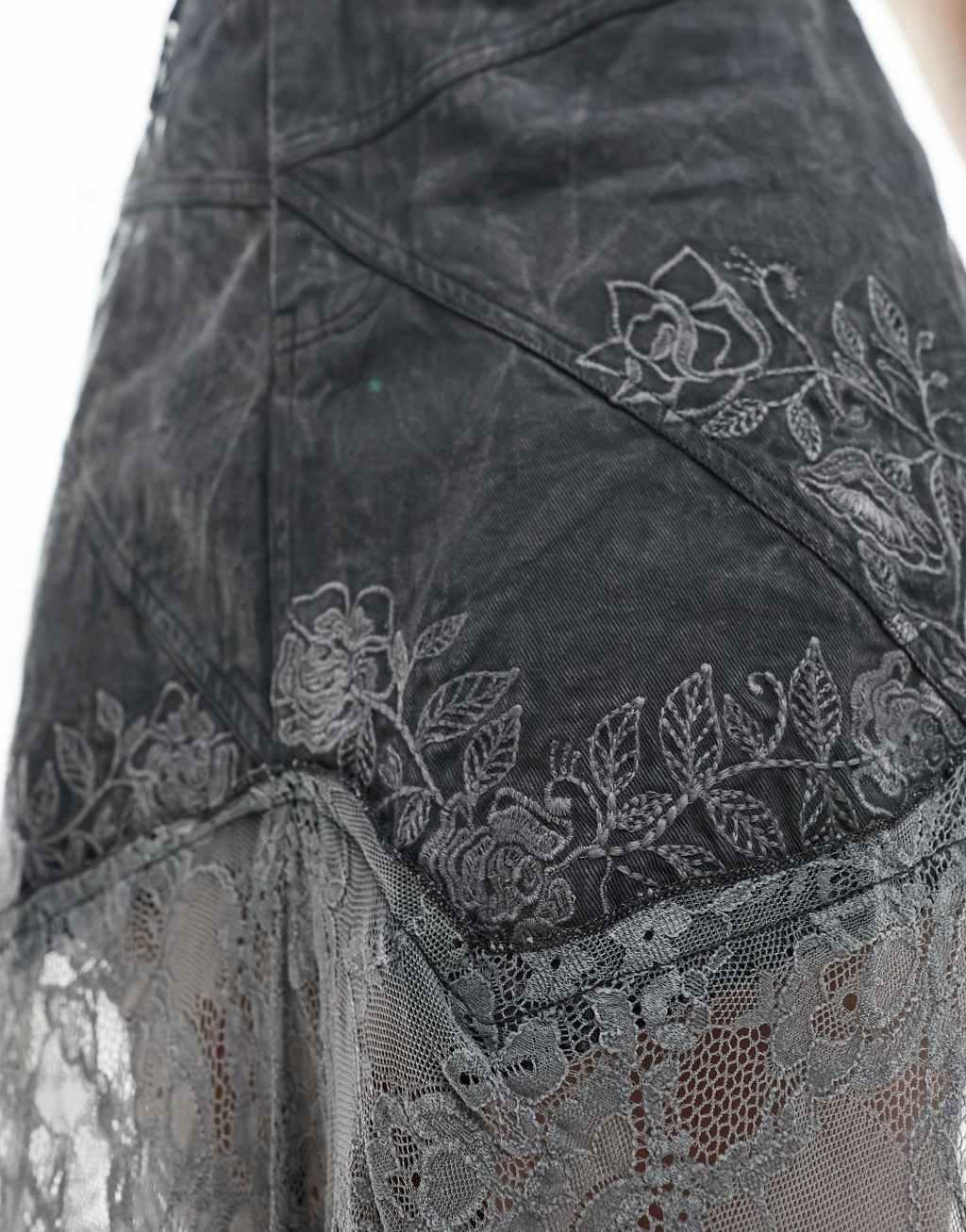 Reclaimed Vintage western denim & lace maxi skirt Product Image