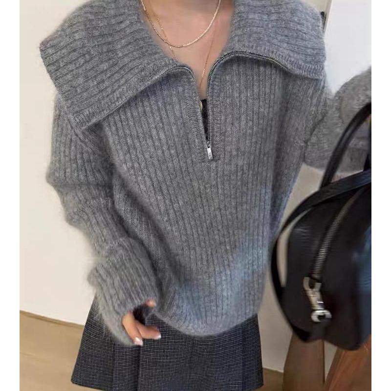 Long Sleeve Half-Zip Plain Loose-Fit Sweater Product Image