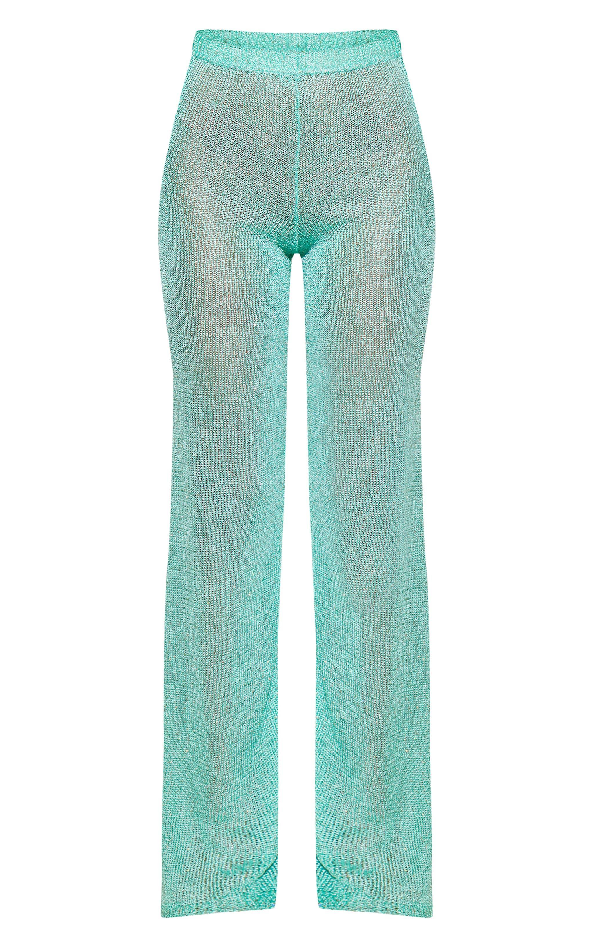 Turquoise Sequin Knit Wide Leg Floaty Pants Product Image