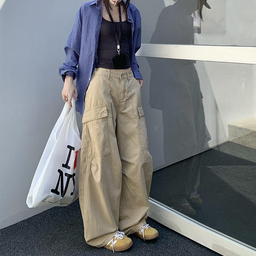 Mid Rise Plain Wide Leg Cargo Pants Product Image