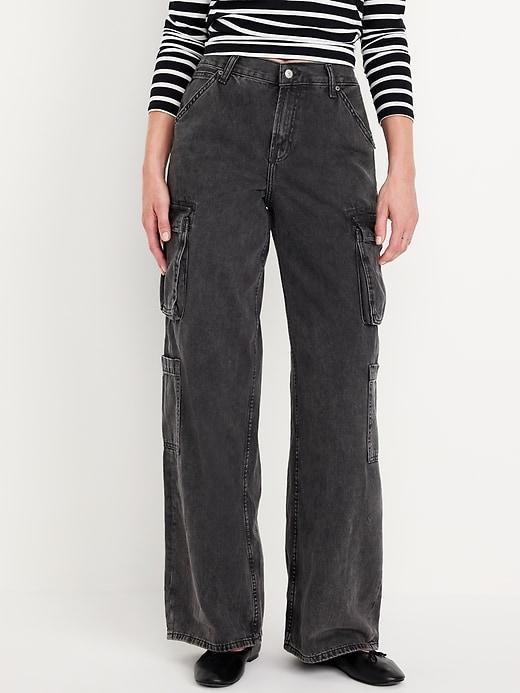 Mid-Rise Baggy Wide-Leg Cargo Jeans Product Image