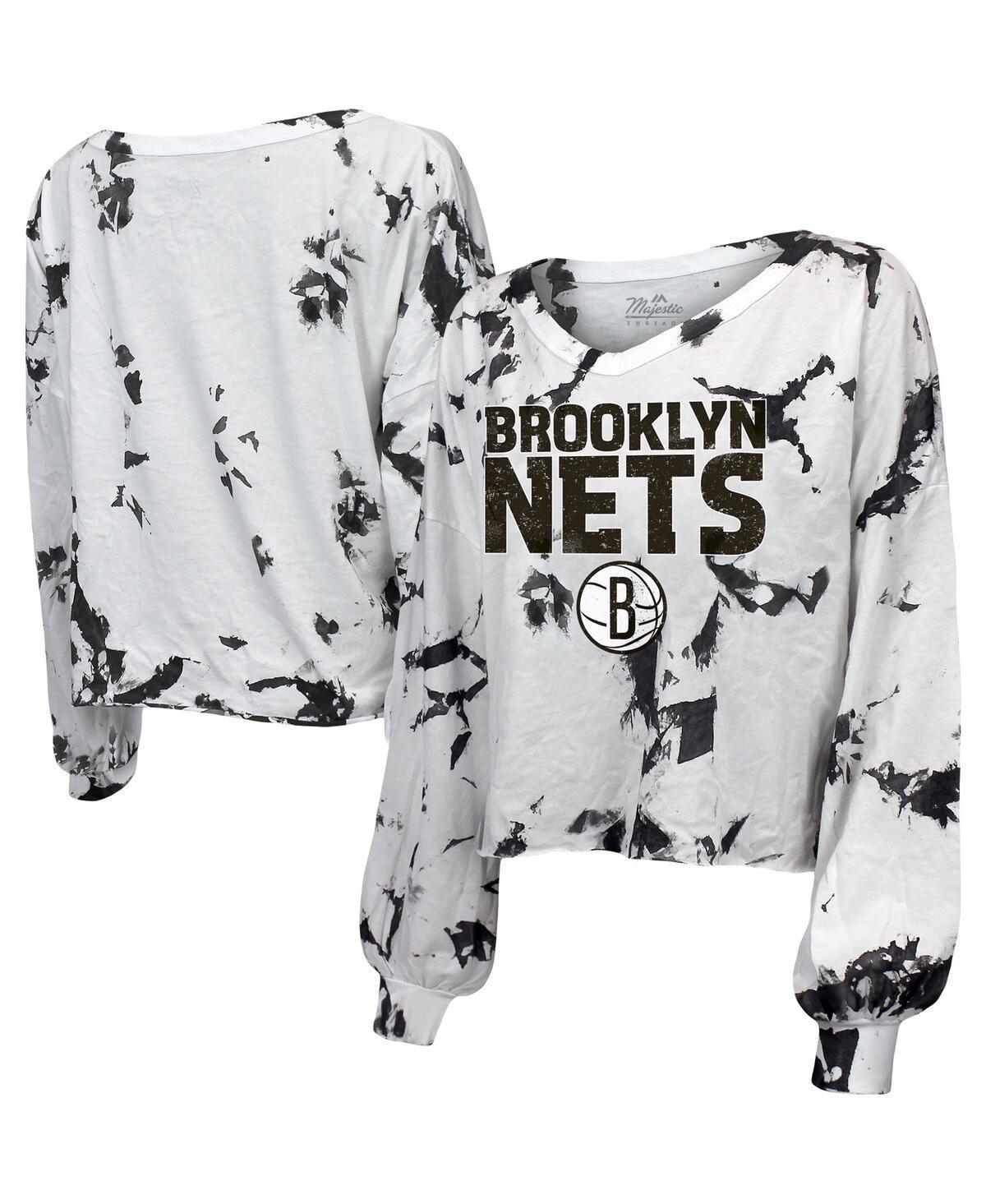 Womens Majestic Threads Brooklyn Nets Aquarius Tie-Dye Cropped V-Neck Long Sleeve T-Shirt Product Image