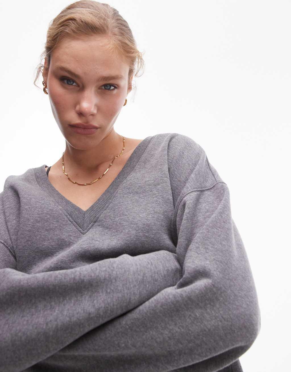 Topshop slouchy v neck sweat in gray heather Product Image