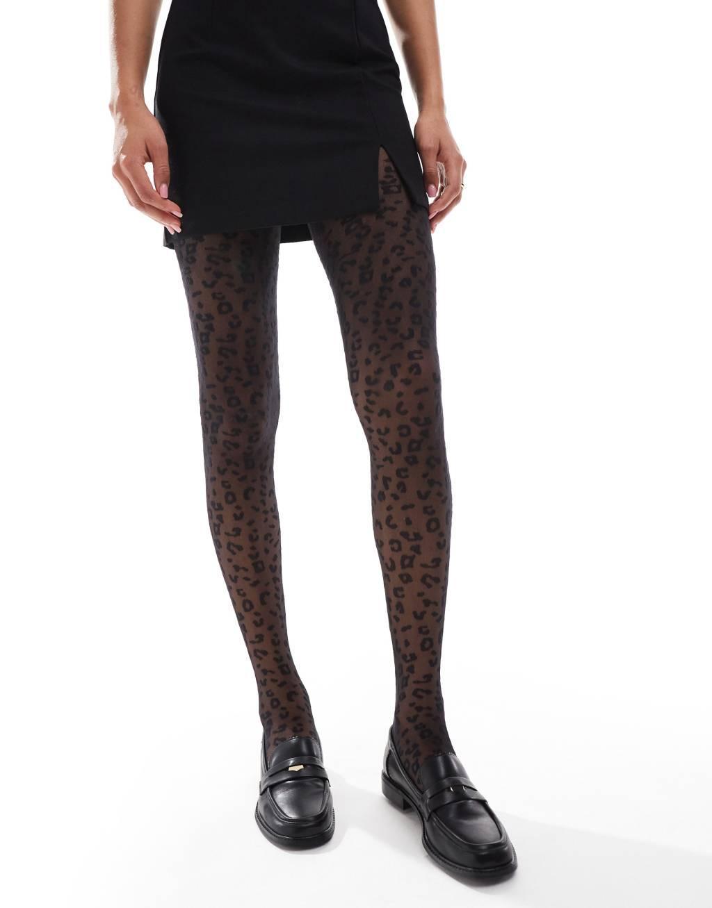 ASOS DESIGN black on black leopard tights Product Image