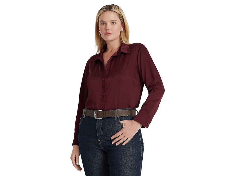 LAUREN Ralph Lauren Plus Size Satin Charmeuse Shirt (Vintage Burgundy) Women's Clothing Product Image