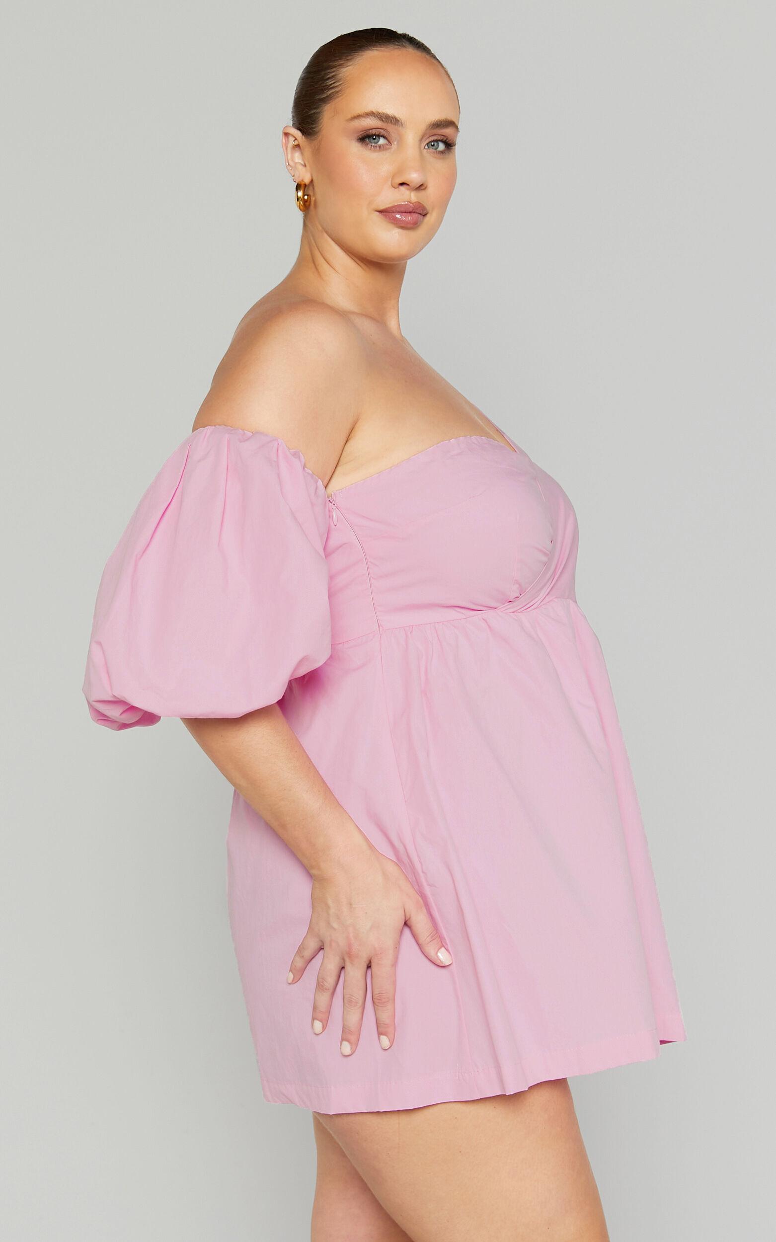 Sula Mini Dress - Asymmetric Off One Shoulder Puff Sleeve Dress in Pink Product Image