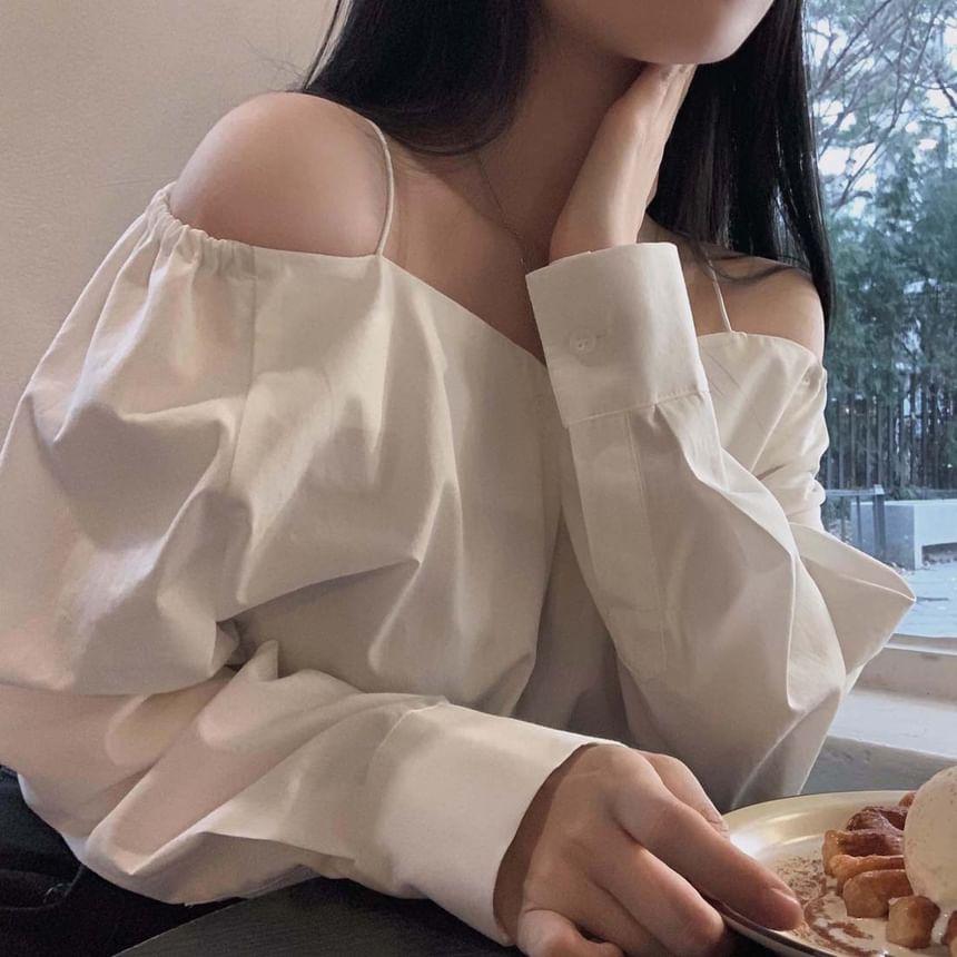 Long Sleeve Cold Shoulder Plain Blouse Product Image