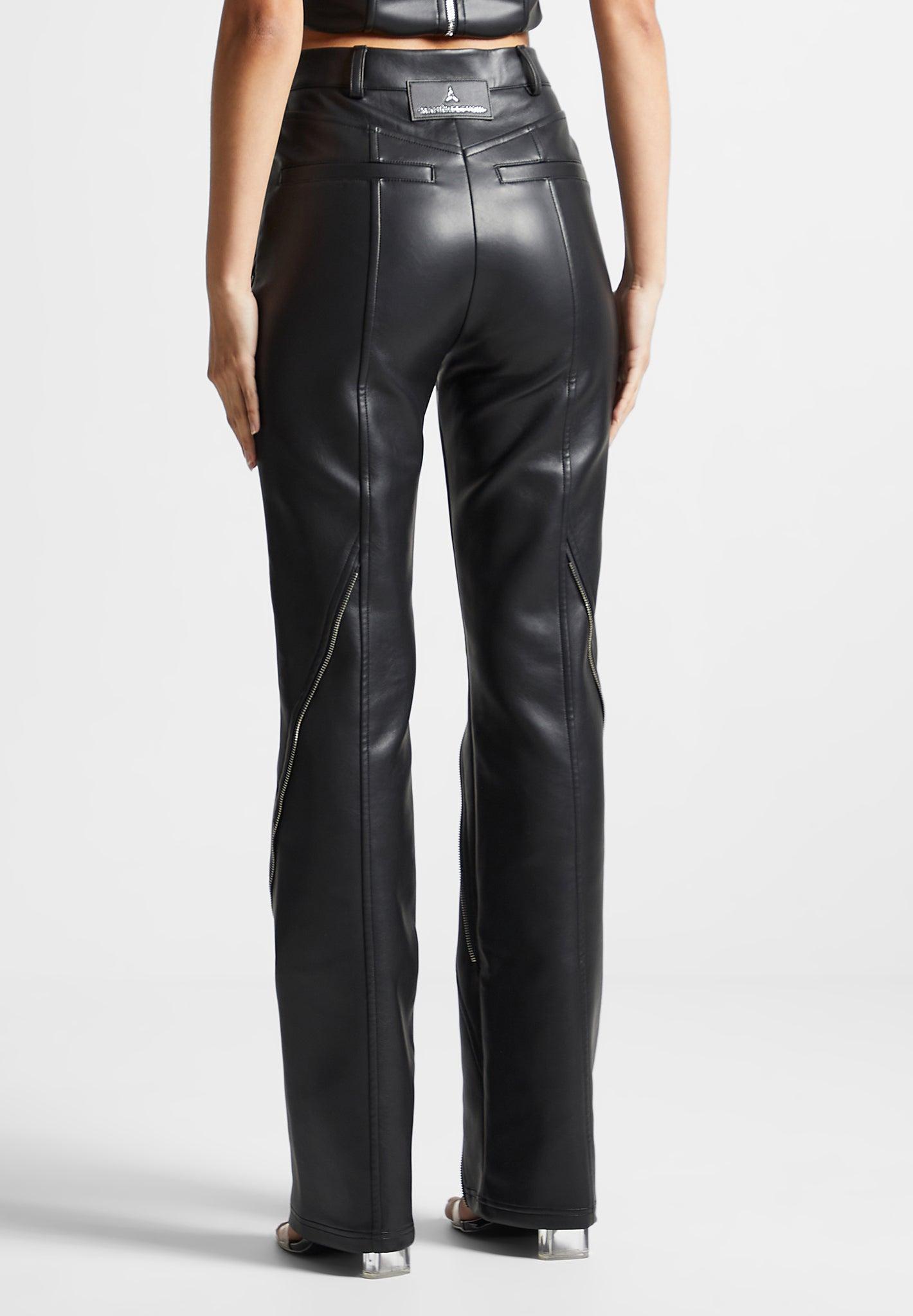 Vegan Leather Biker Trousers with Zip - Black Female Product Image