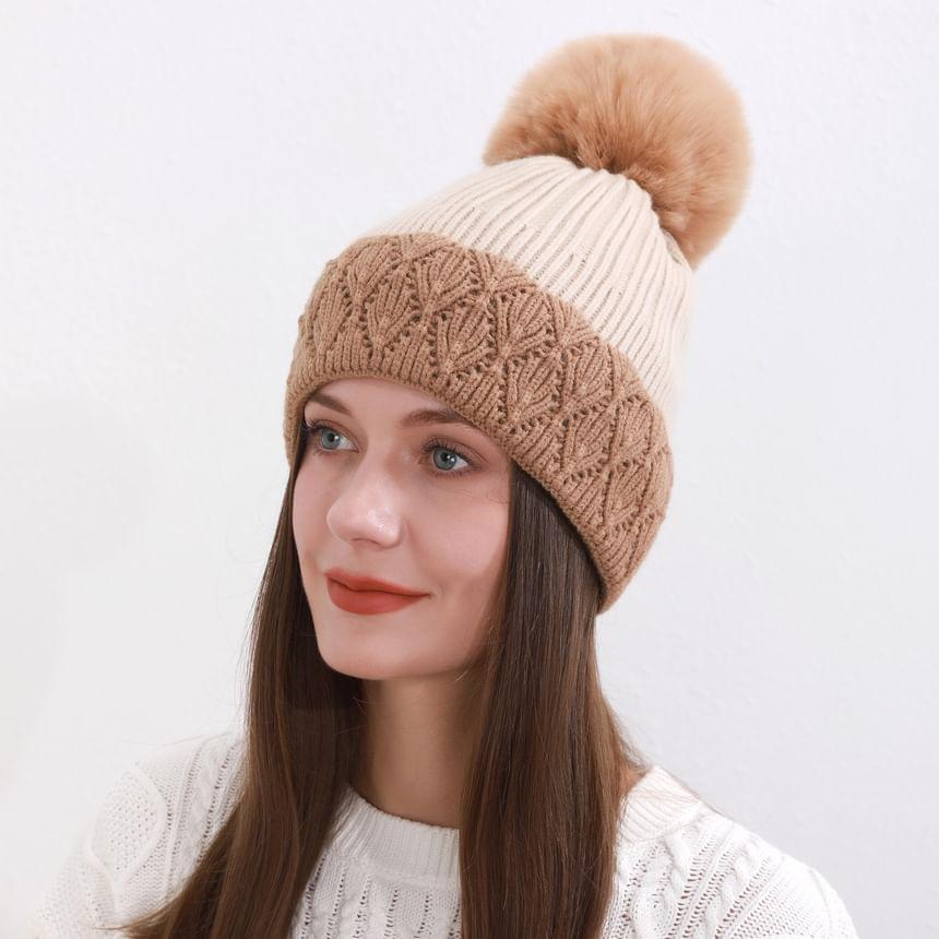 Two Tone Pom Pom Knit Beanie Product Image