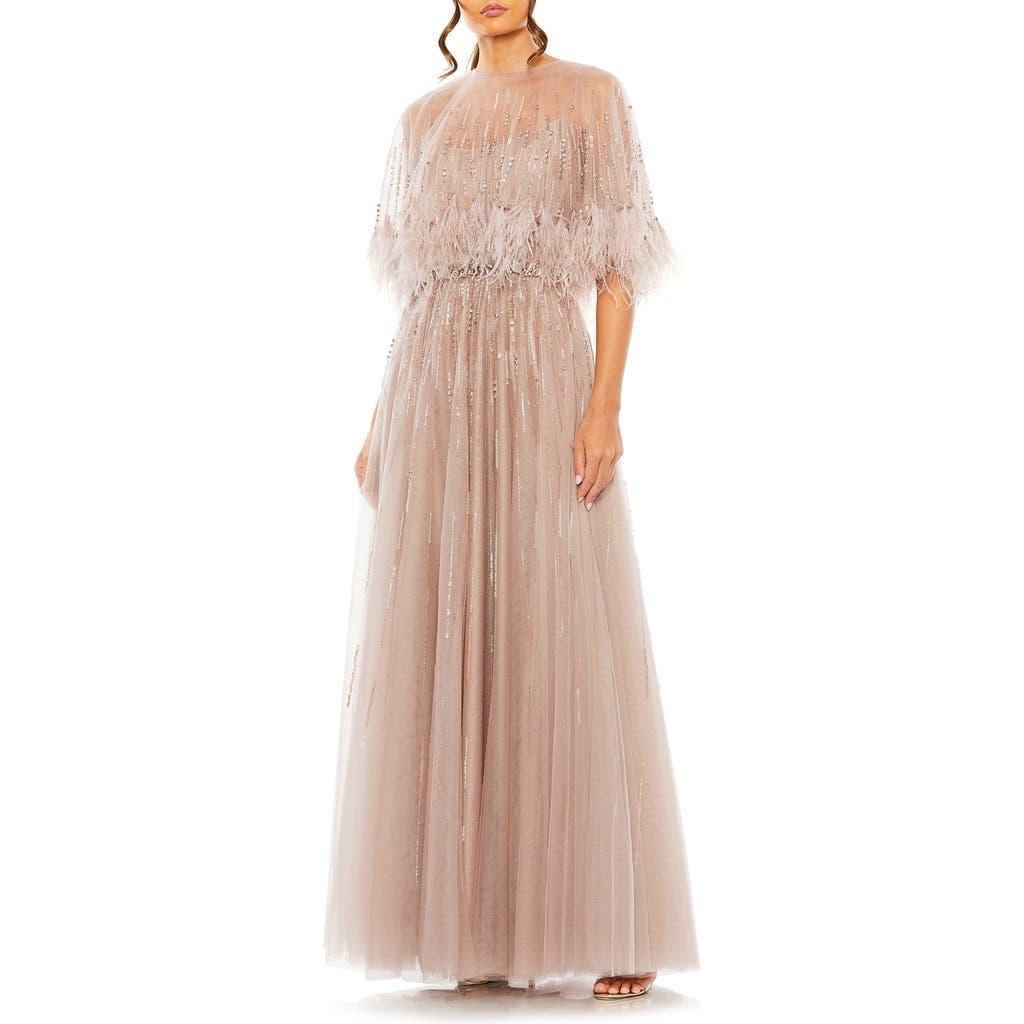 Embellished A Line Dress With Feather Detail Cape In Mocha Product Image