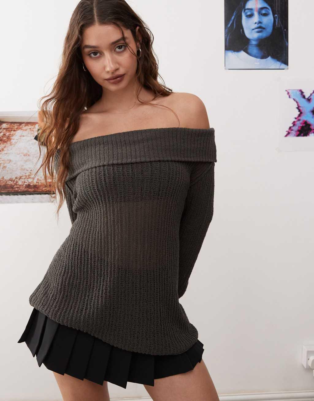 Weekday Lori off shoulder lightweight knit sweater in gray Product Image