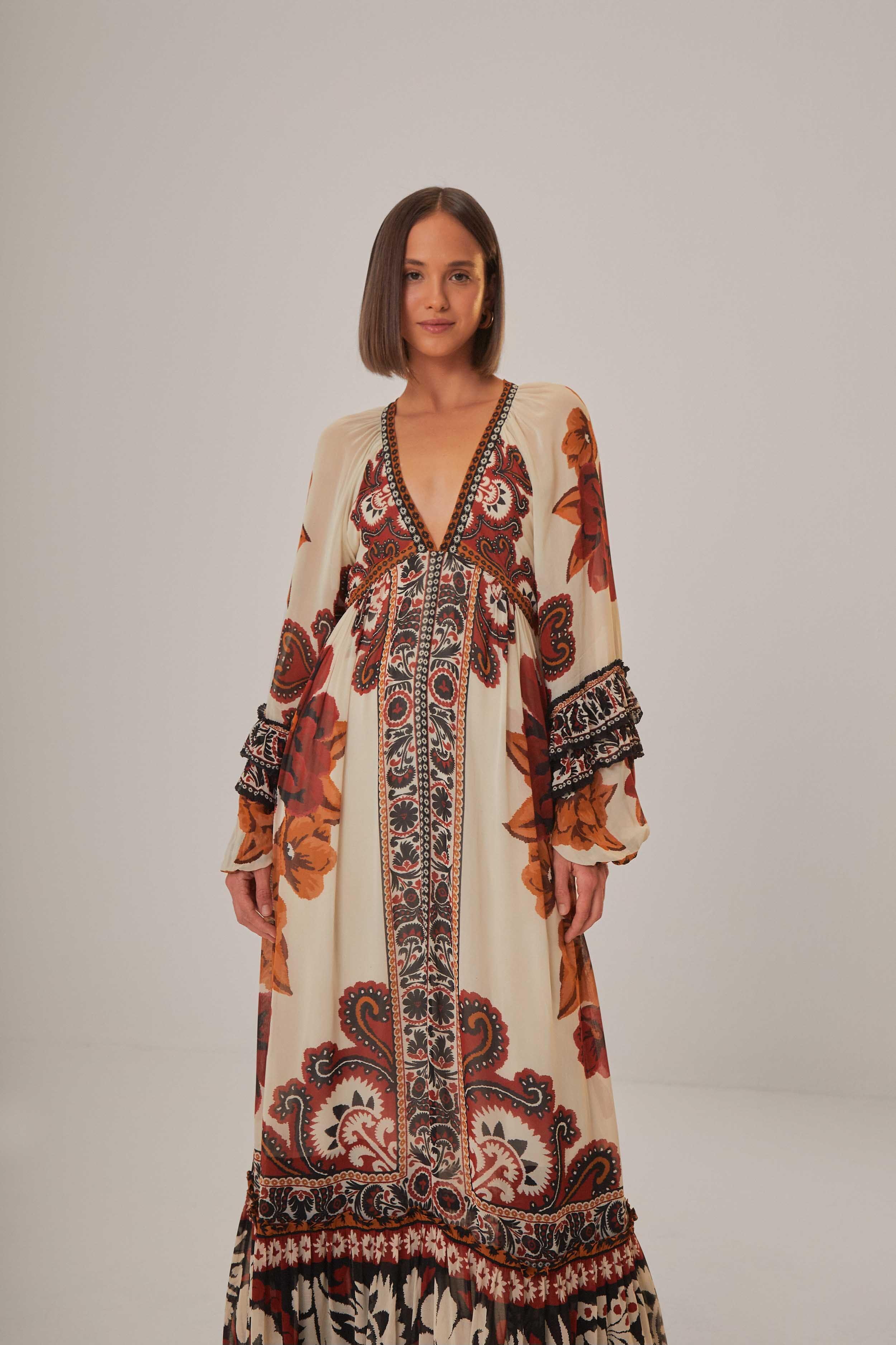 Womens Winter Tapestry V-Neck Maxi Dress Product Image