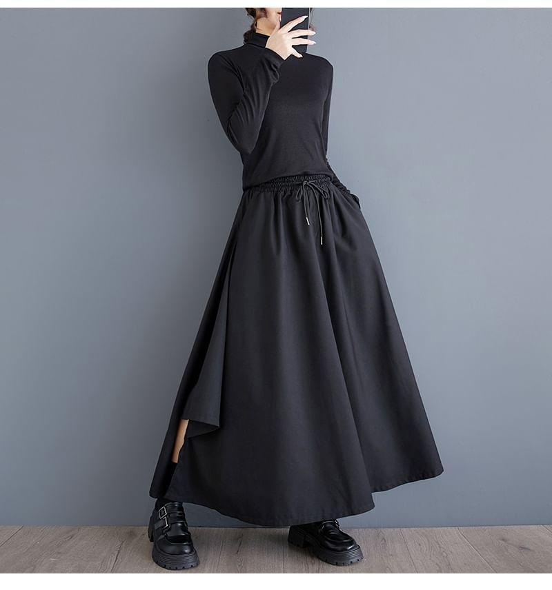 High Waist Asymmetrical Plain Maxi A-Line Skirt Product Image