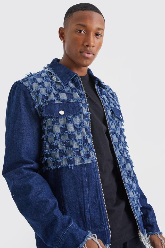 Checkerboard Spliced Denim Jacket | boohooMAN USA Product Image