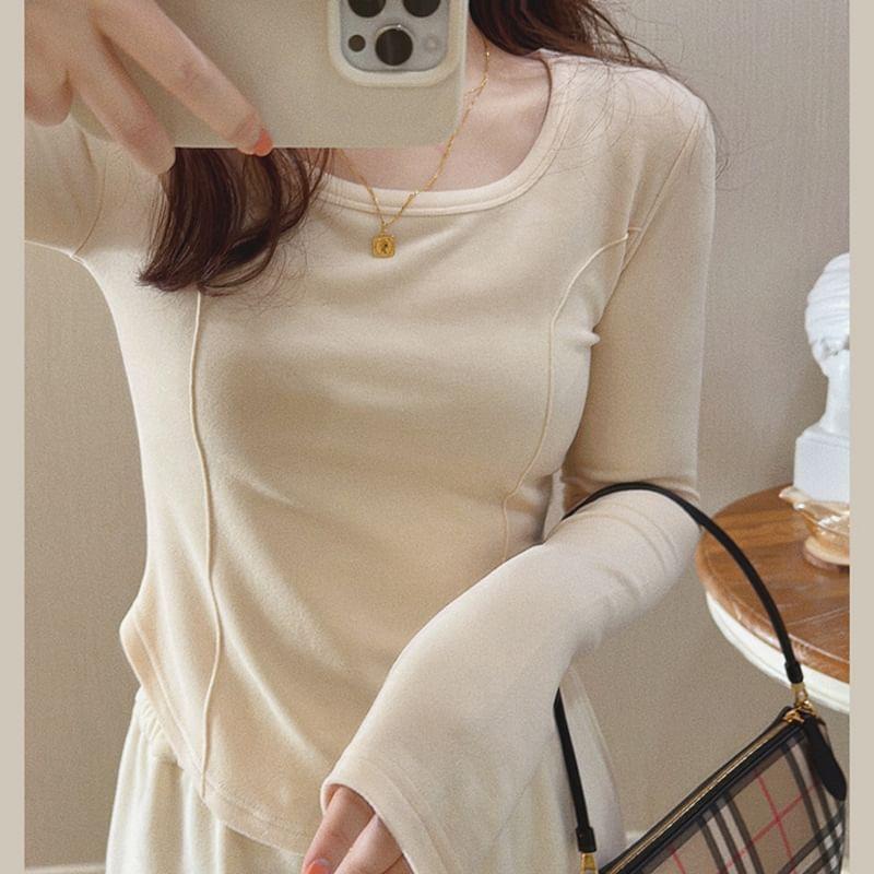 Long-Sleeve U-Neck Plain Top Product Image