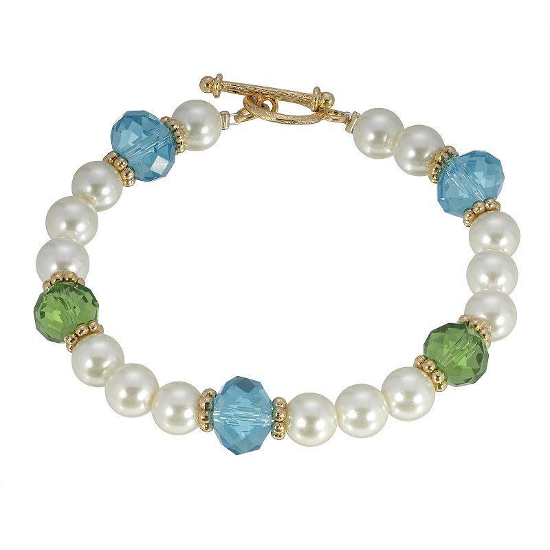 1928 Gold Tone Simulated Pearl, Green & Aqua Beaded Bracelet, Womens Product Image