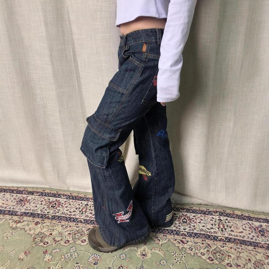 Mid Rise Patchwork Bootcut Jeans Product Image