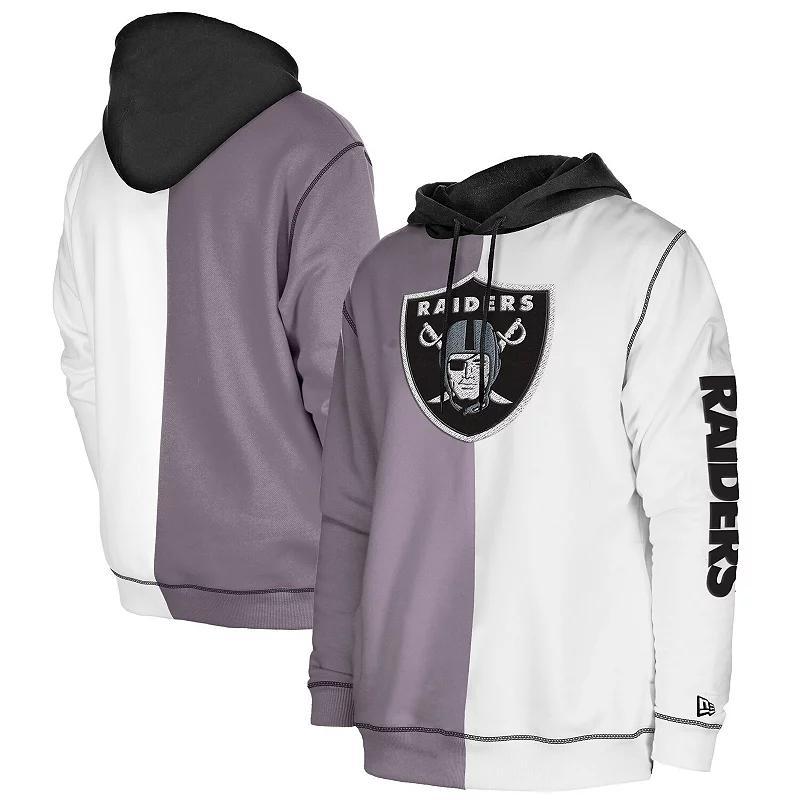 Mens New Era Silver/White Las Vegas Raiders Third Down Split Raglan Pullover Hoodie Product Image