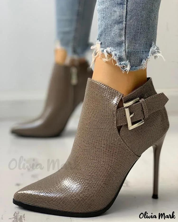 Olivia Mark – Snakeskin Pointed Toe Stiletto Ankle Boots Product Image