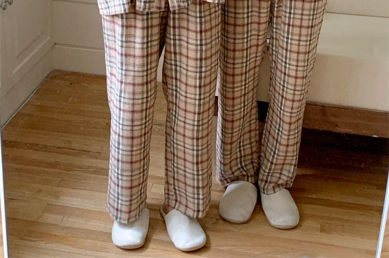 Couple Matching Pajama Set: Long-Sleeve Plaid Button-Up Top + Pants (Various Designs) Product Image