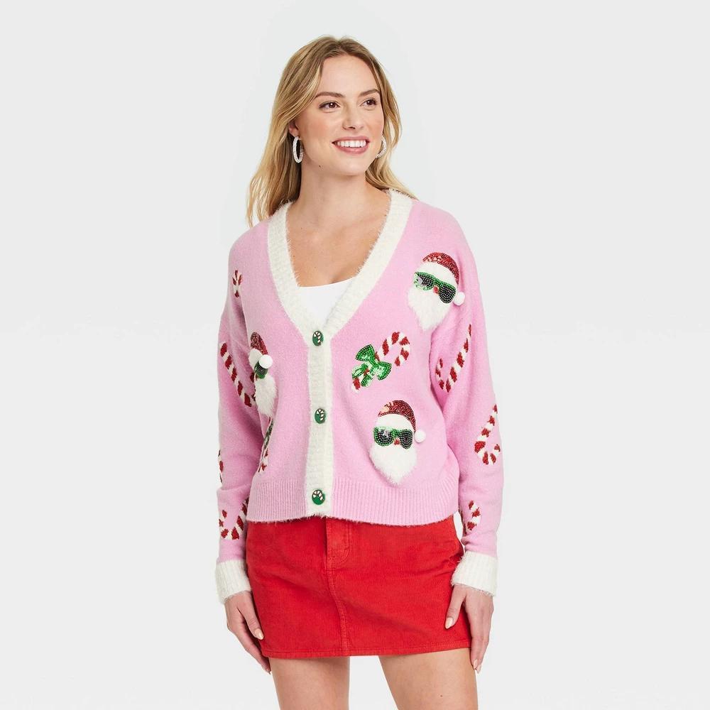 Women's Santa Print Christmas Festive Graphic Cardigan - Pink L Product Image