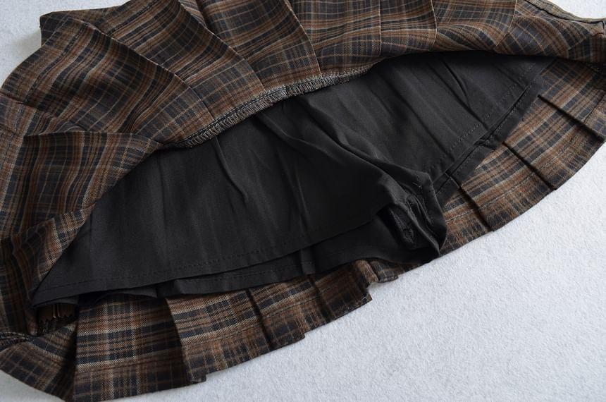 High Waist Plaid Mini Pleated A-Line Skirt Product Image