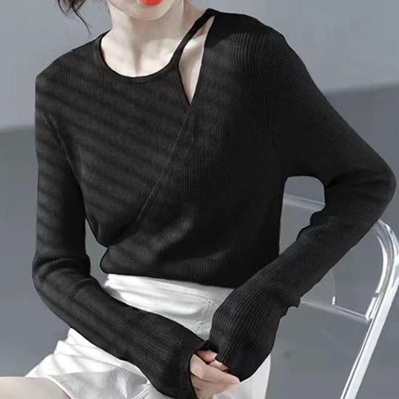 Asymmetrical Neck Plain Ribbed Sweater Product Image