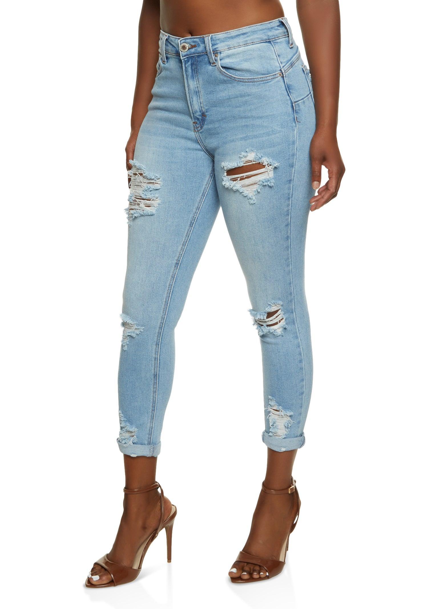 Womens WAX Ripped Rolled Cuff Skinny Jeans Product Image