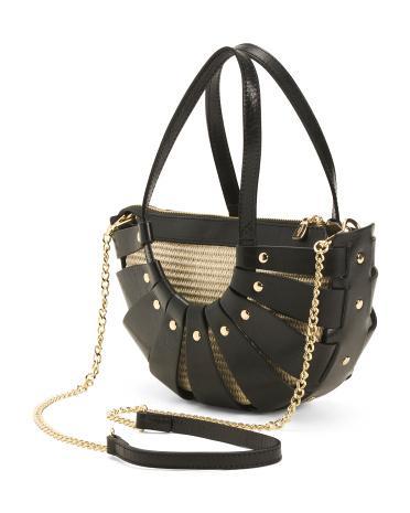 Leather And Straw Small Cord Fan Crossbody for Women Product Image