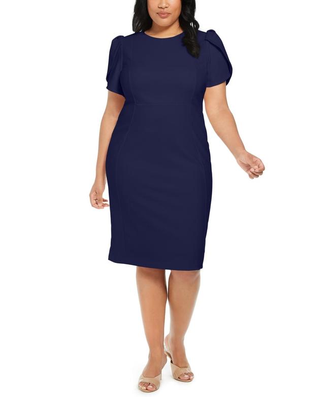 Calvin Klein Plus Size Round Neck Tulip Short Sleeve Solid Stretch Sheath Dress Product Image