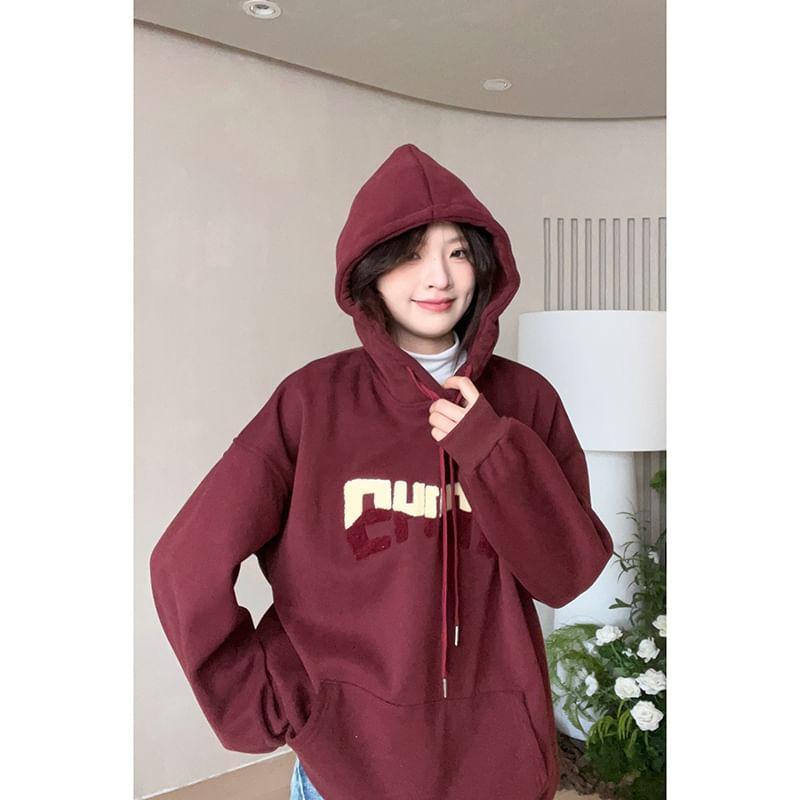 Lettering Embroidered Drawstring Hoodie Product Image